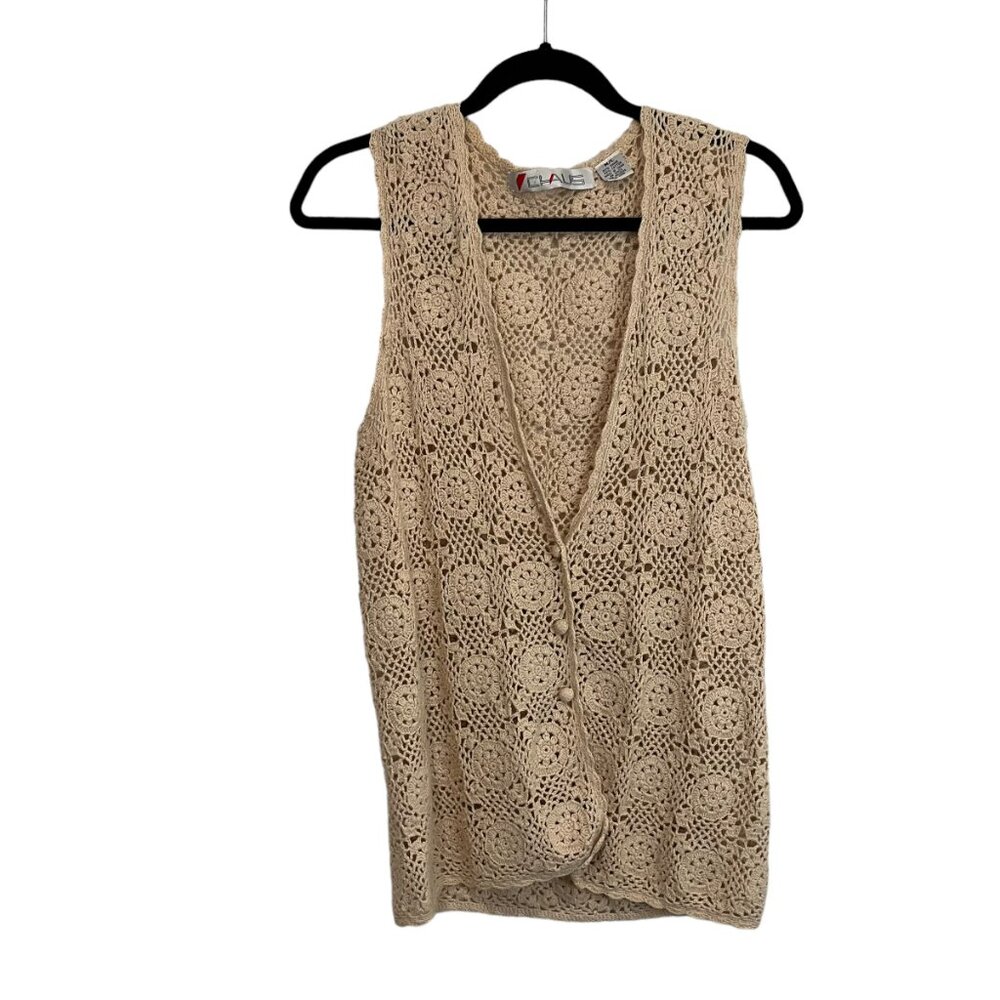 Chaus Tan Crochet Sleeveless Button Up Cardigan Top Beach Boho Womens Size M/L